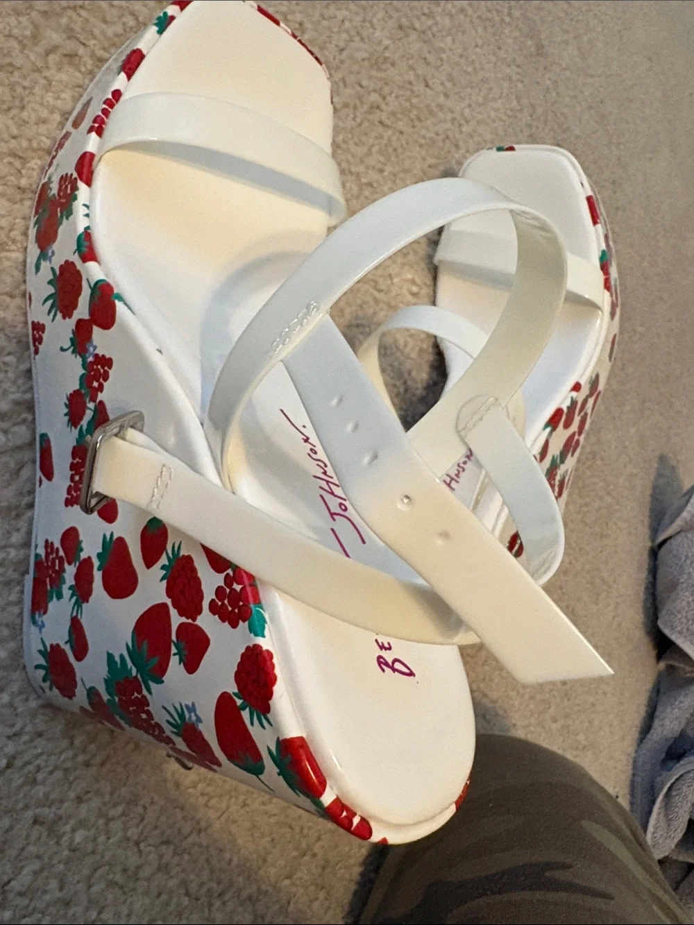 Betsey Johnson White Platform Sandals with Red & Green Floral Trim